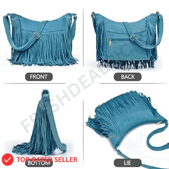 Vintage Suede Hobo Crossbody Bag Fringe Tassel Western Boho Chic - Picture 7 of 8